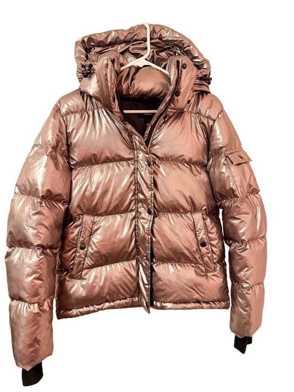 AQUA Metallic Rose Gold Puffer Jacket with Hood